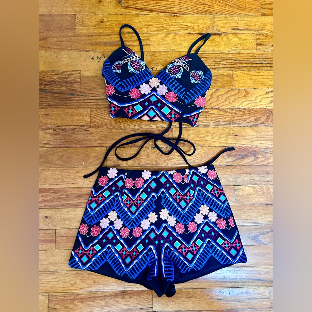 Luxxel Black and Pink Embroidered Bikini Set